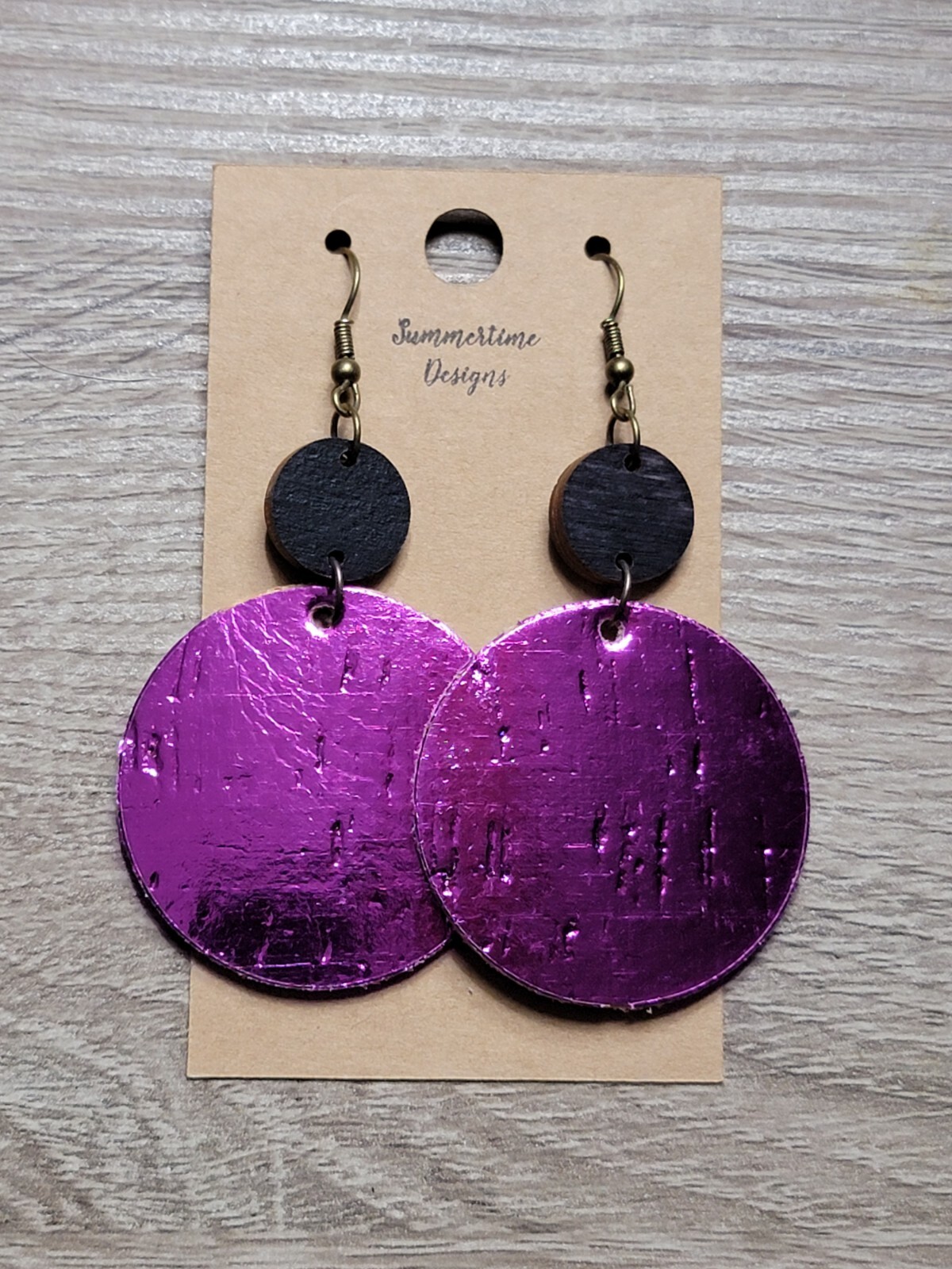 GENUINE Leather Backed Cork Circle Cut Earrings Hot Pink Metallic 2.5″
