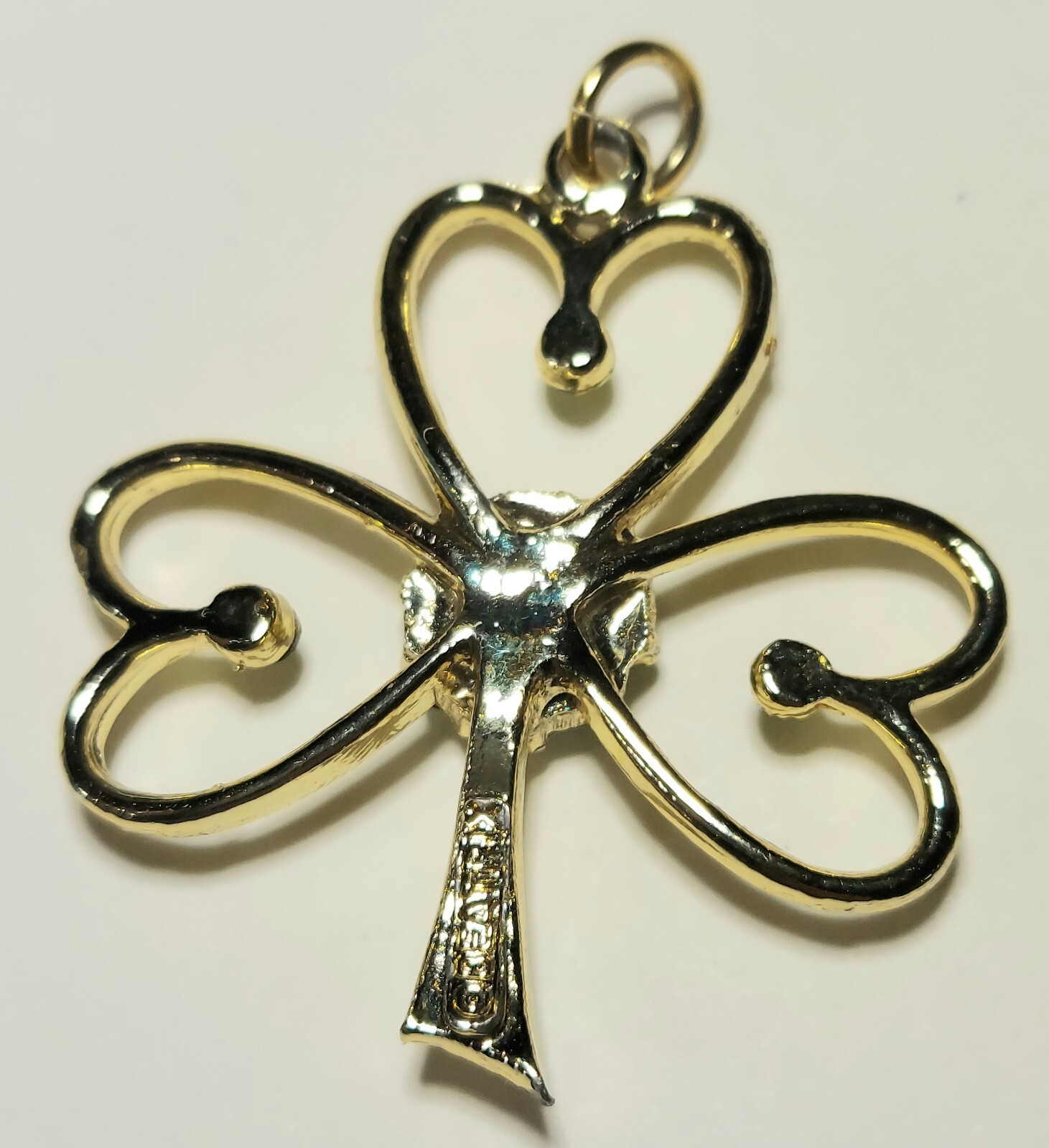 Beatrix Irish 3 Leaf Clover Pendant With Green Rhinestones Gold Tone 1.75″