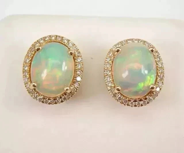Natural Fire Opal 4.00Ct Oval Cut Halo Stud Earrings 14K Yellow Gold Plated