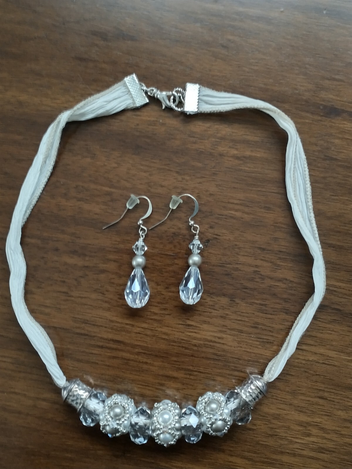 Silk Chiffon Crystal & Sterling Silver Beaded Necklace & Earrings Set