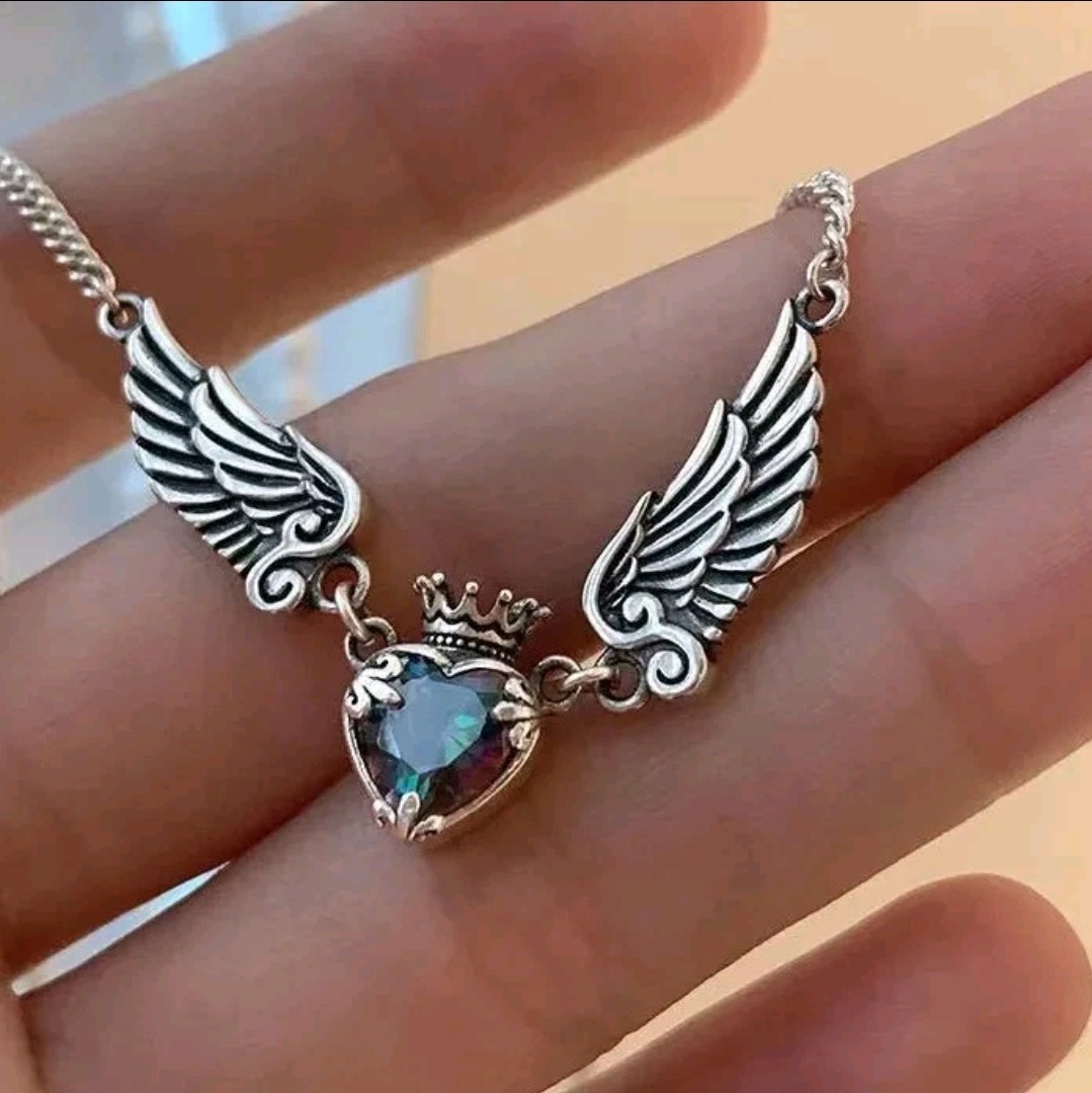 Women’s Gothic Heart Crown Angel Wings Pendant Necklace Jewelry
