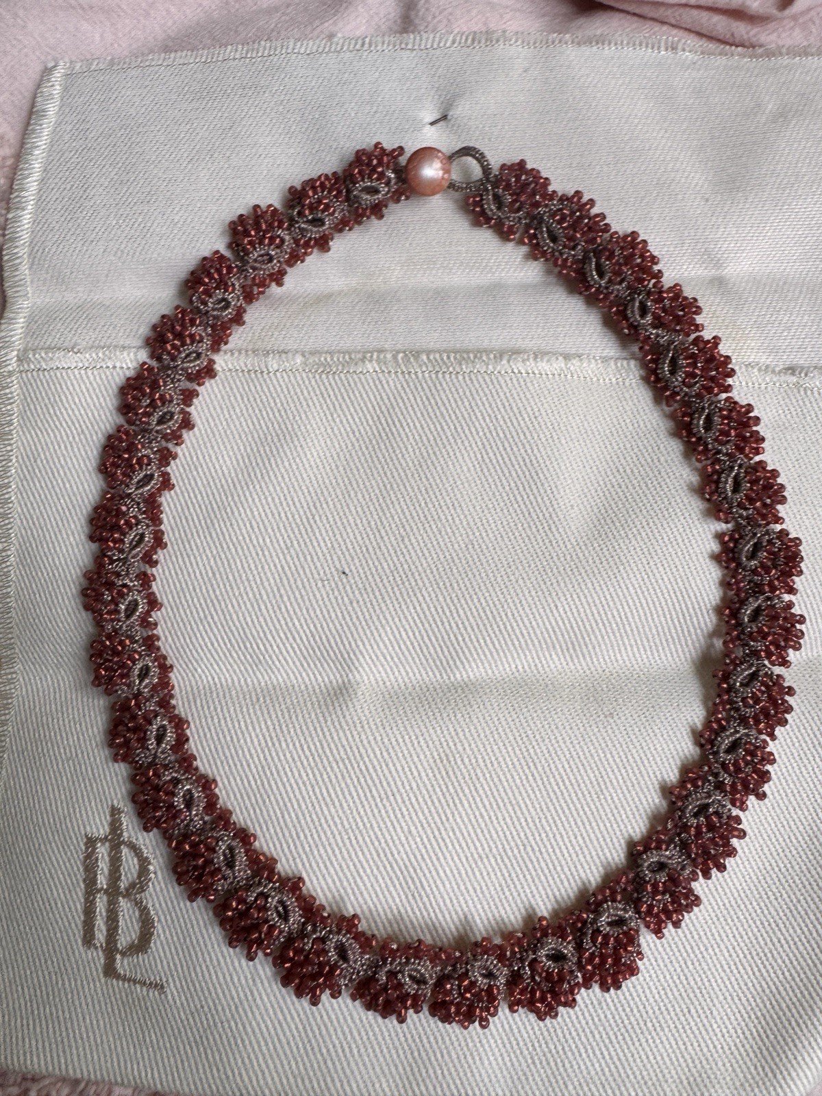 Lorina-Balteanu Red & Silver Glass bead lace collar in original packaging