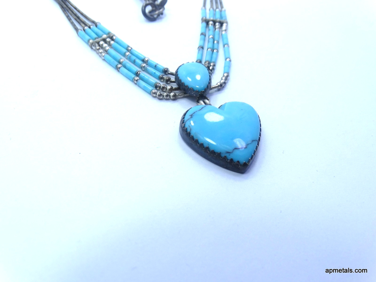 Vintage Gorham Sterling Turquoise Beaded Strand Drop Dangle Heart Necklace