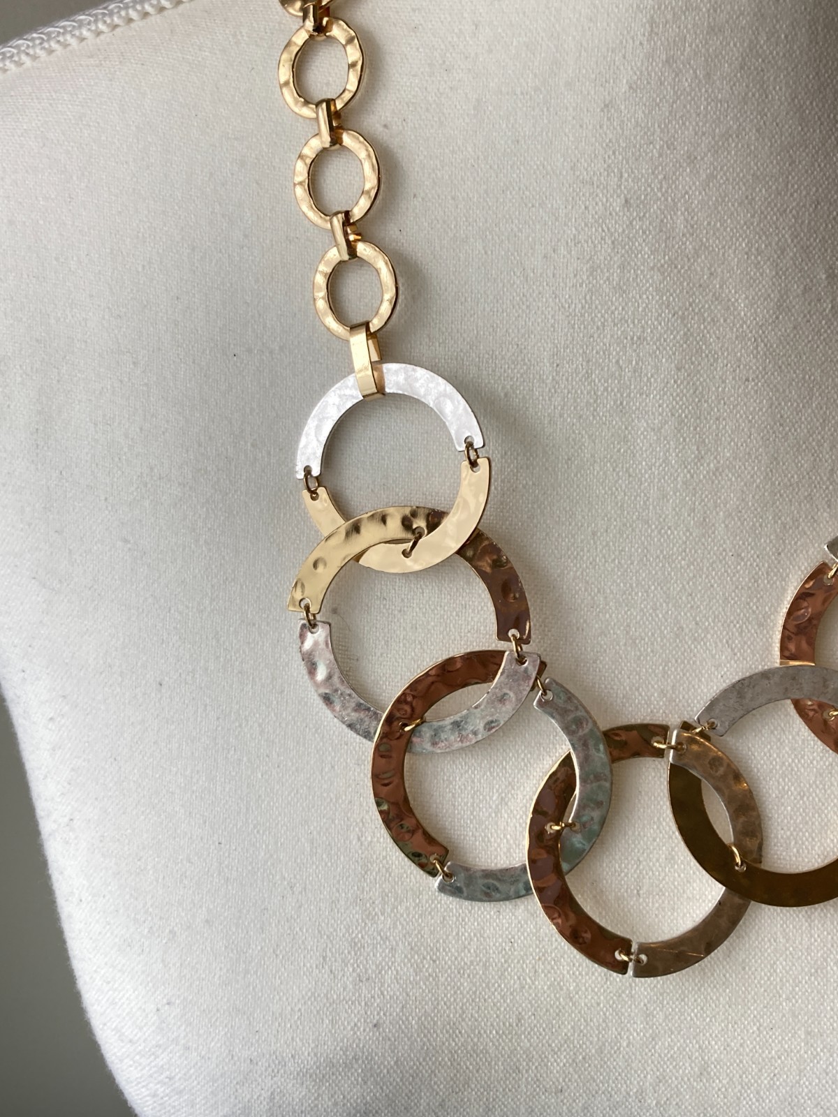 Brutalist Necklace Hammered Mixed Metal Circle Link Gold & Silver Tones Modern
