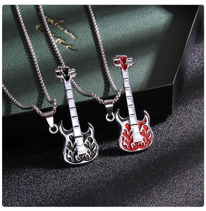 2Pcs Fashion Vintage Hip Hop Punk Titanium Stainless Steel Guitar Music Necklace