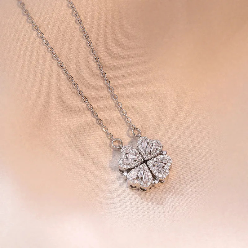 304 Stainless Steel Four Leaf Clover Necklace CZ Crystal Pendant Gold & Silver.