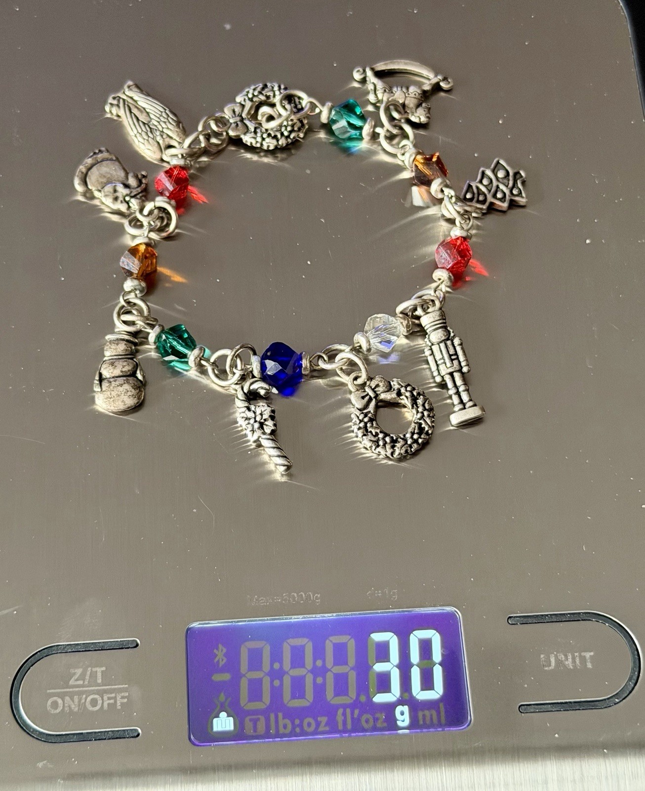 Christmas Bracelet w/Pewter Charms & Multicolor Glass Beads Silvertone 9”, 30g