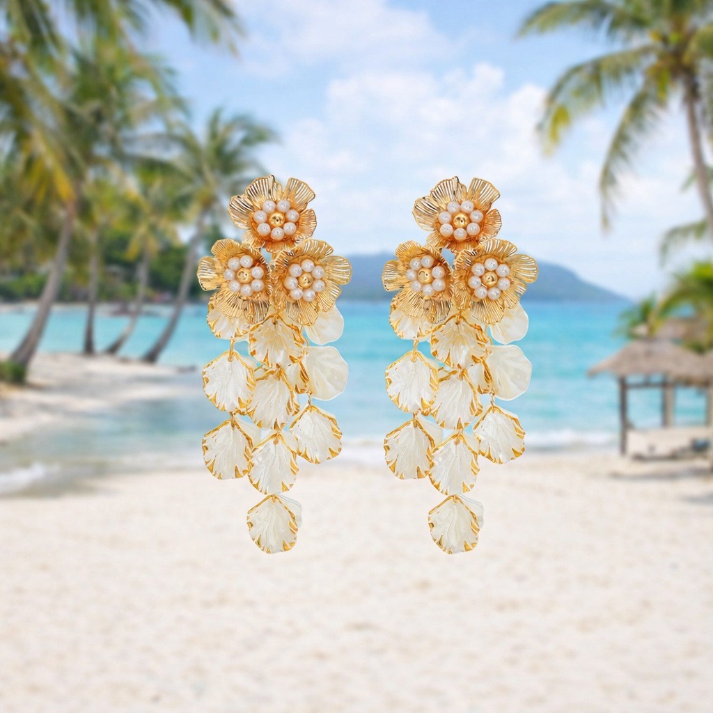 White Cluster Pearl Earrings Gold Metal Clip On Screw Back Cascading Handmade