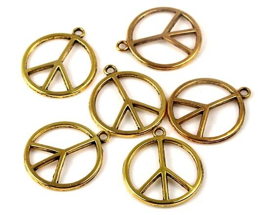 6 Antique Gold Pewter Peace Sign Filigree Charm Pendant 24mm