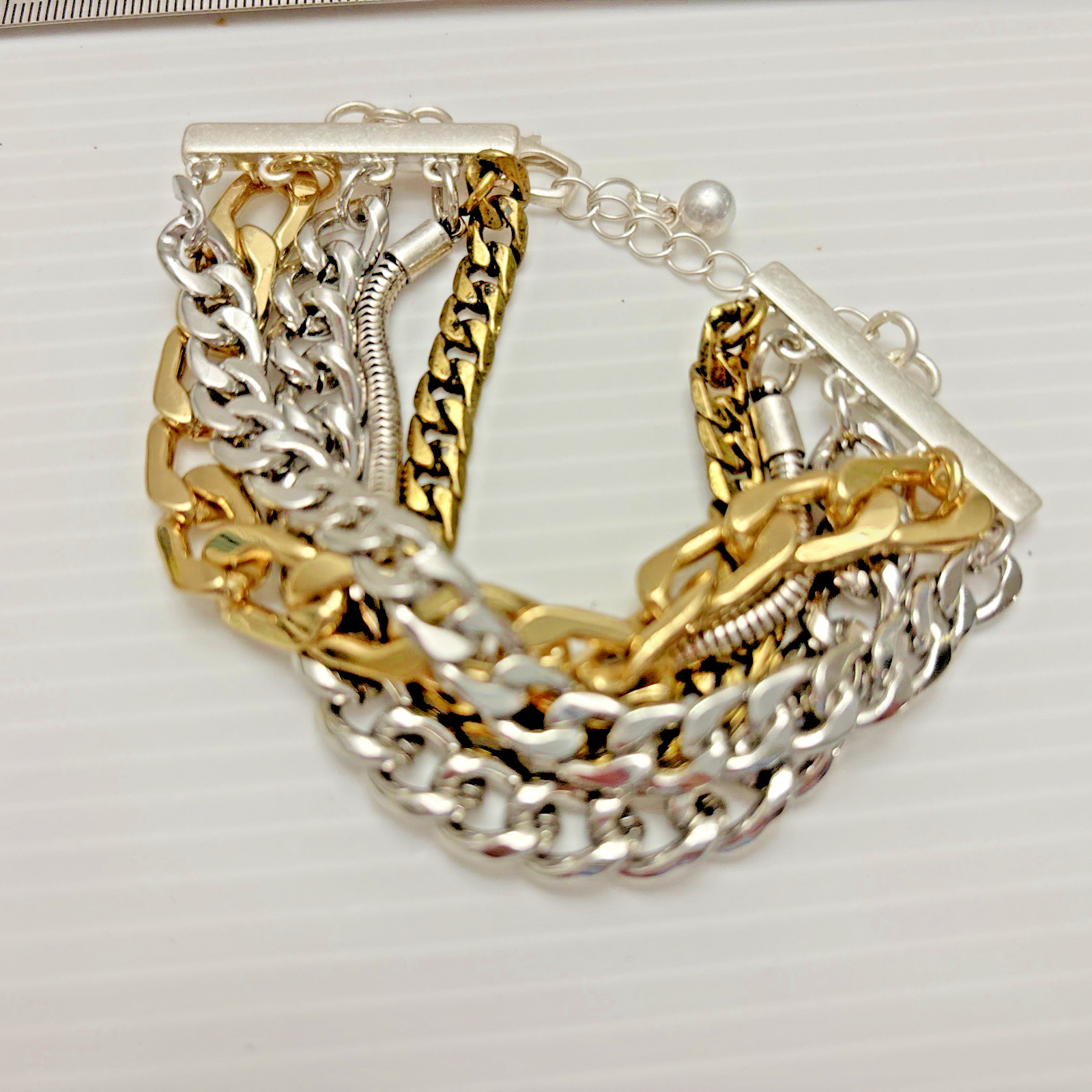Jenny Bird Bracelet Two Tone Mixed Chain Link Multi Strand Jewelry 7-9″ Signed