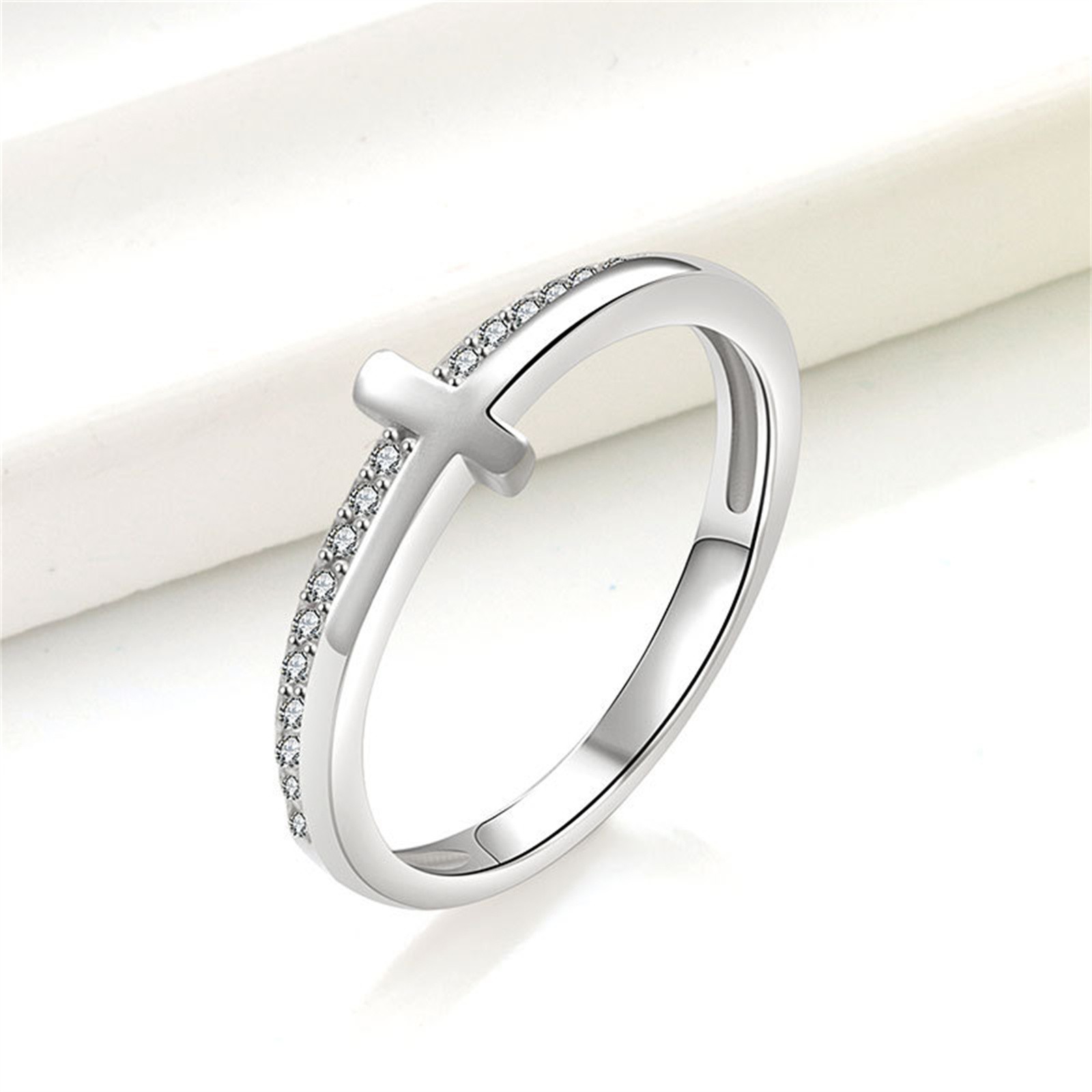 Women Small Cross Cubic Zirconia Band Ring Stackable Christian Jewelry Size 6-10