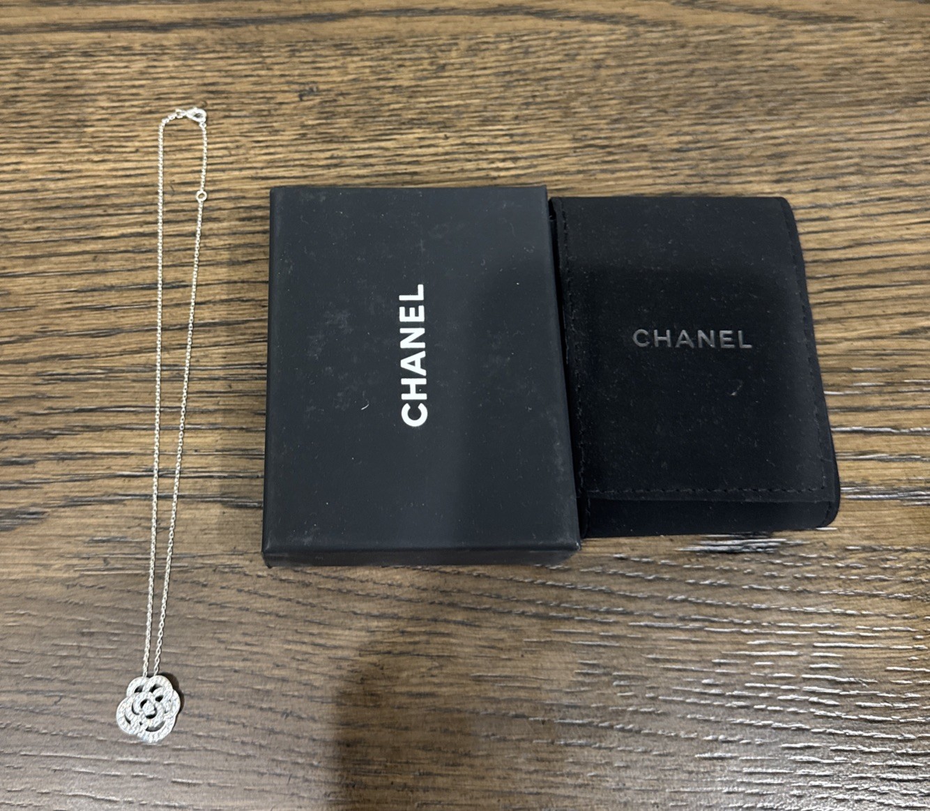 CHANEL Camellia Coco mark Rhinestone Pendant Necklace Silver Metal