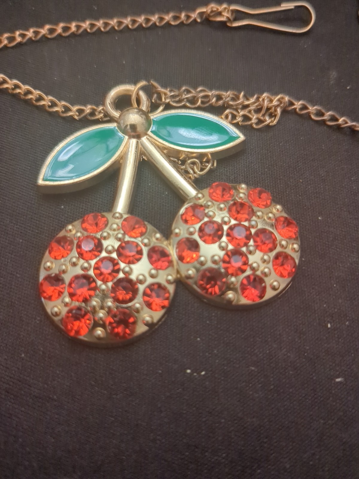 Pre-owned RED CHERRY JEWELED Blouse Chain, Gold Tone, Chain Has Hooks To Blouse