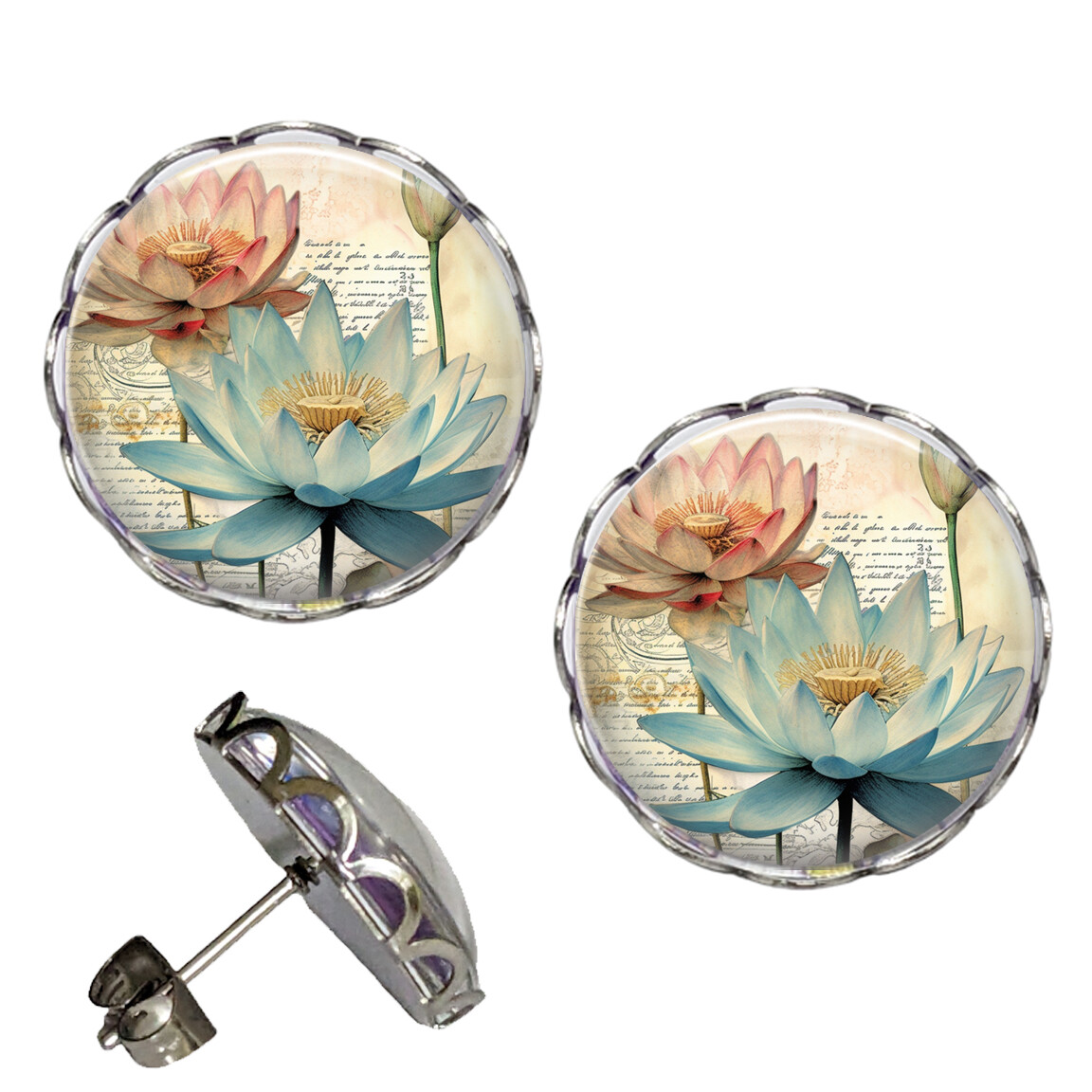 Summer Lotus Earrings NO TARNISHING Scalloped Studs Waterproof Floral Watercolor