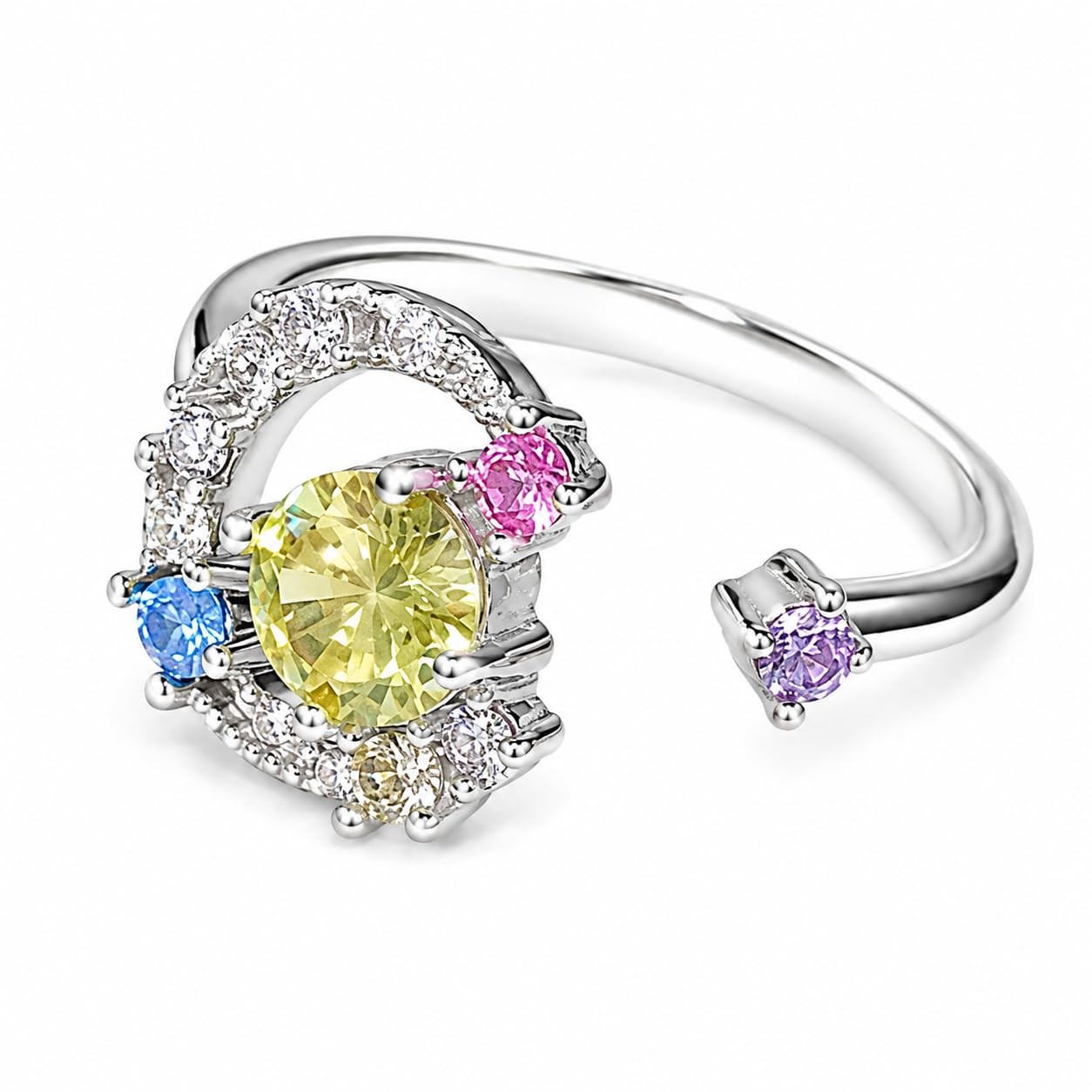 18K Gold Plated Adjustable Circle Ring, Colorful Zirconia Band for Women