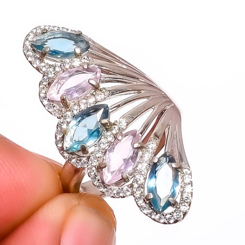 Tanzanite Quartz & Rose Quartz Gemstone 925 Silver Plated Ring s.6 R5861-46