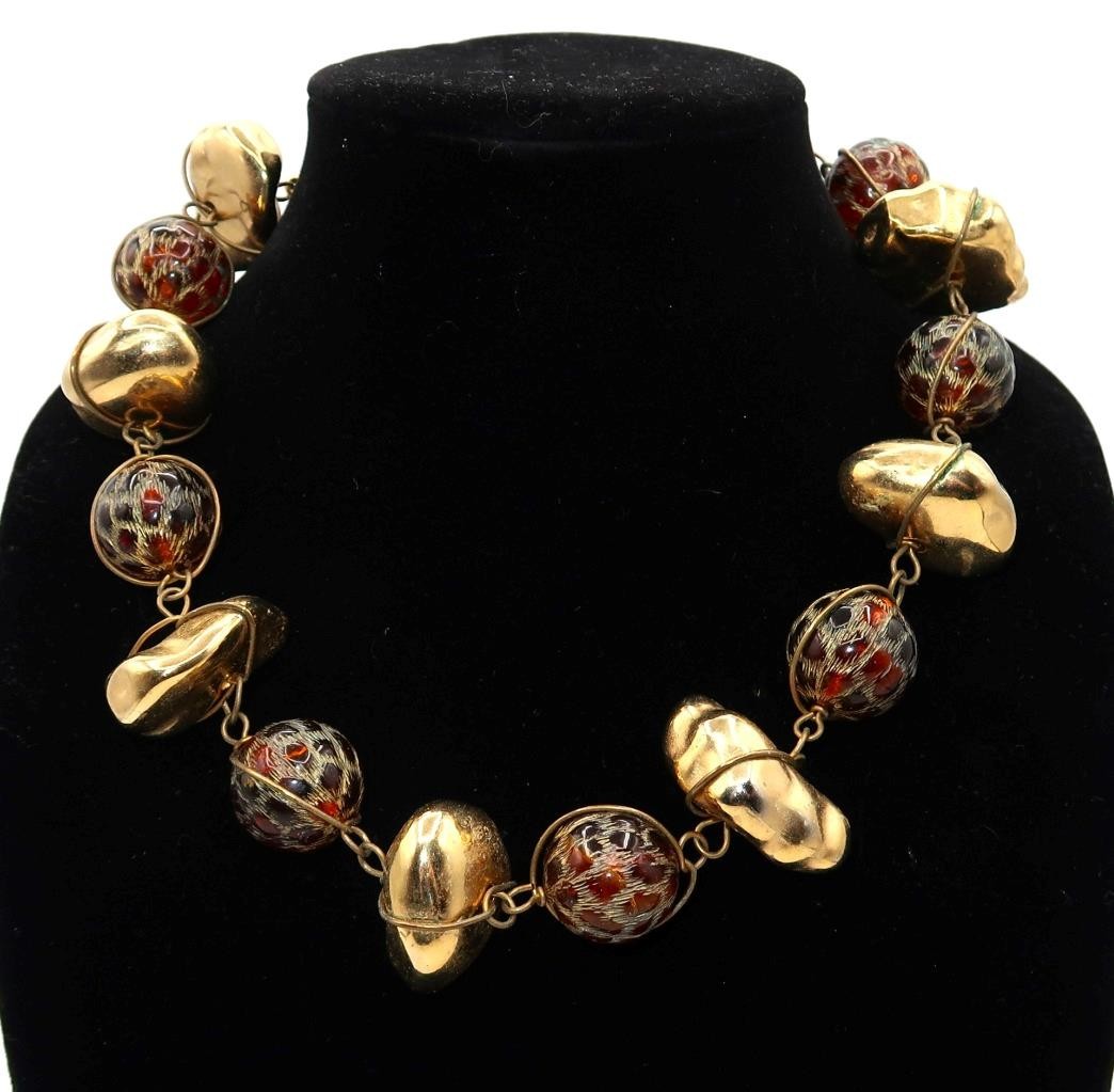 ABRA Chunky Necklace, Brass Fishnet Lucite Bead, 1.5″ Wide, 19″ Length