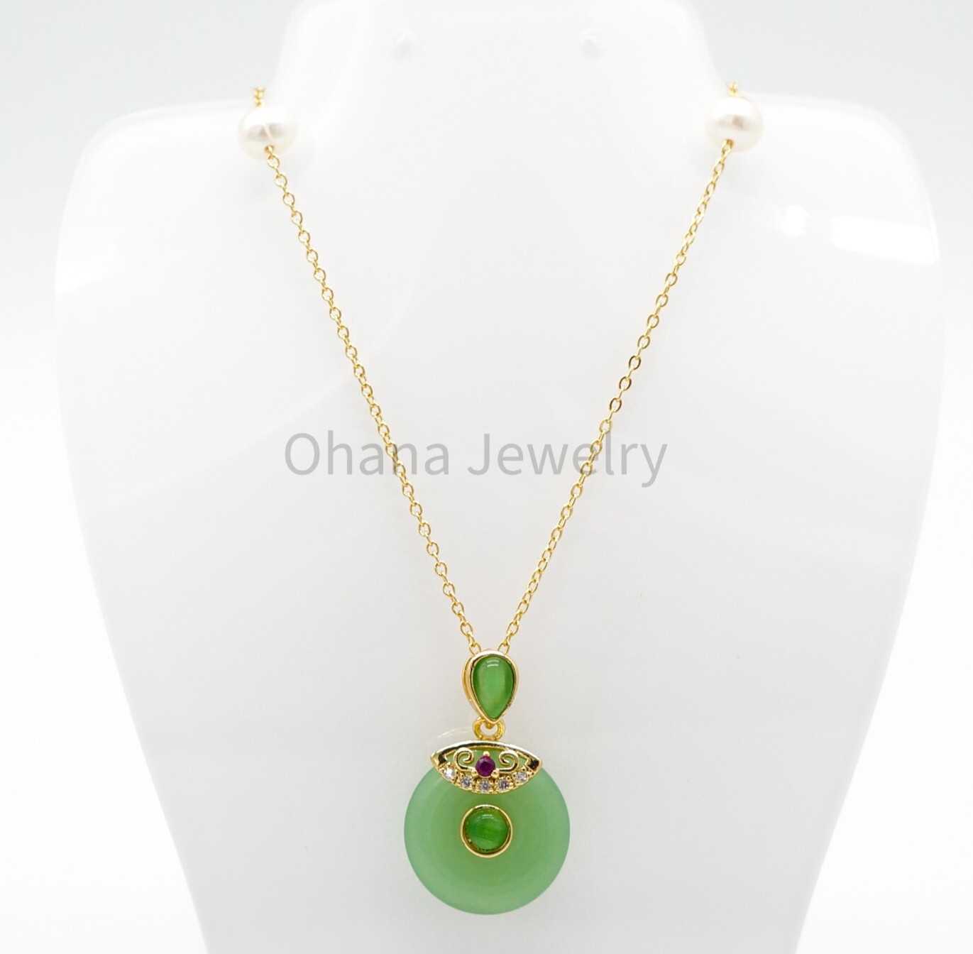 Natural Green Jade Copper Freshwater Pearl 18″ Oval Link Necklace – Fancy Donut