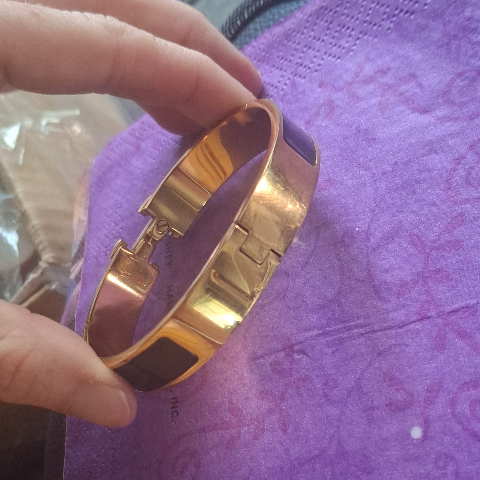 HERMÈS H Clic Clac Hinged Bangle Bracelet Gold Tone Black Enamel Signed