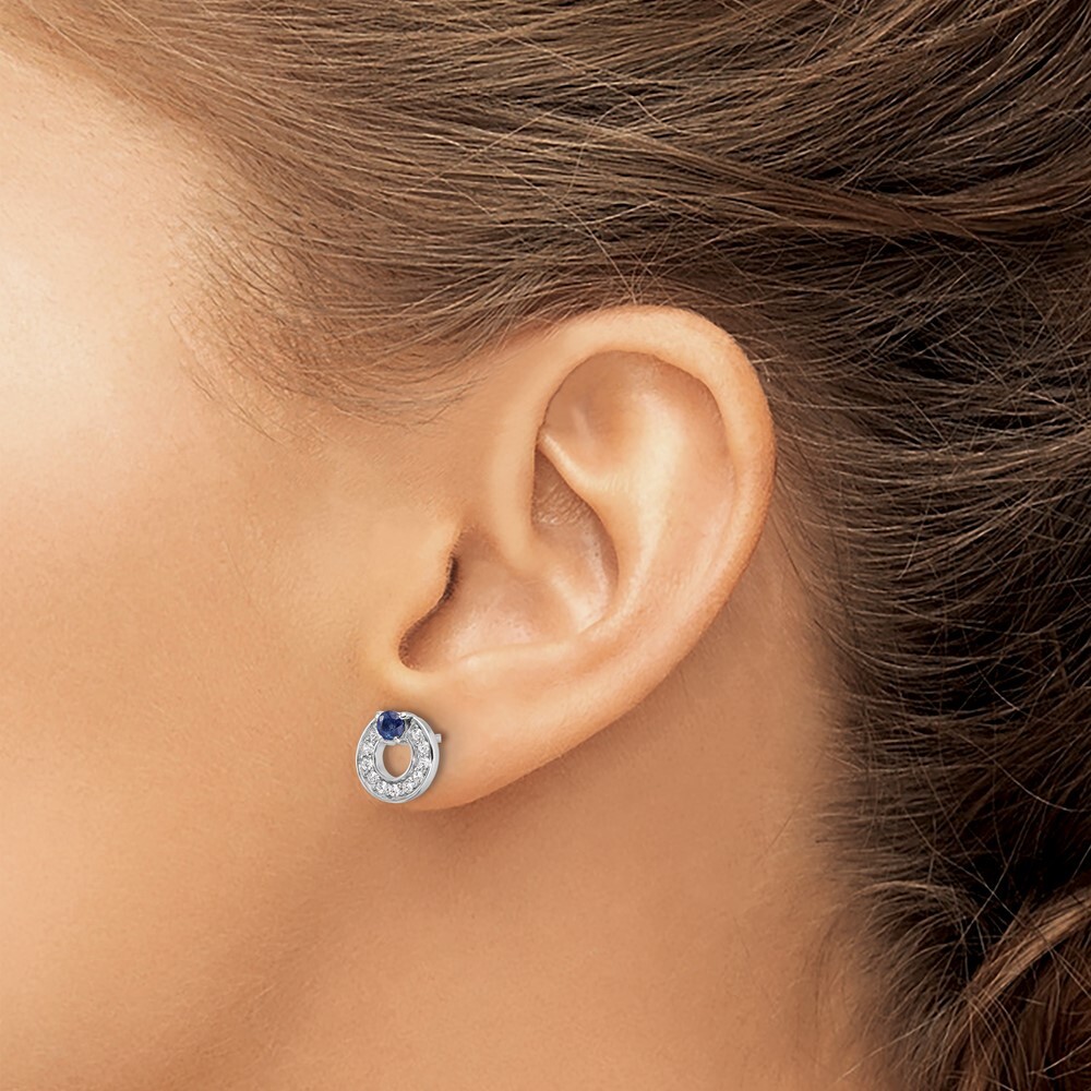 9.3mm Sterling Silver Rhodium-plated CZ and Blue Sapphire Post Earrings