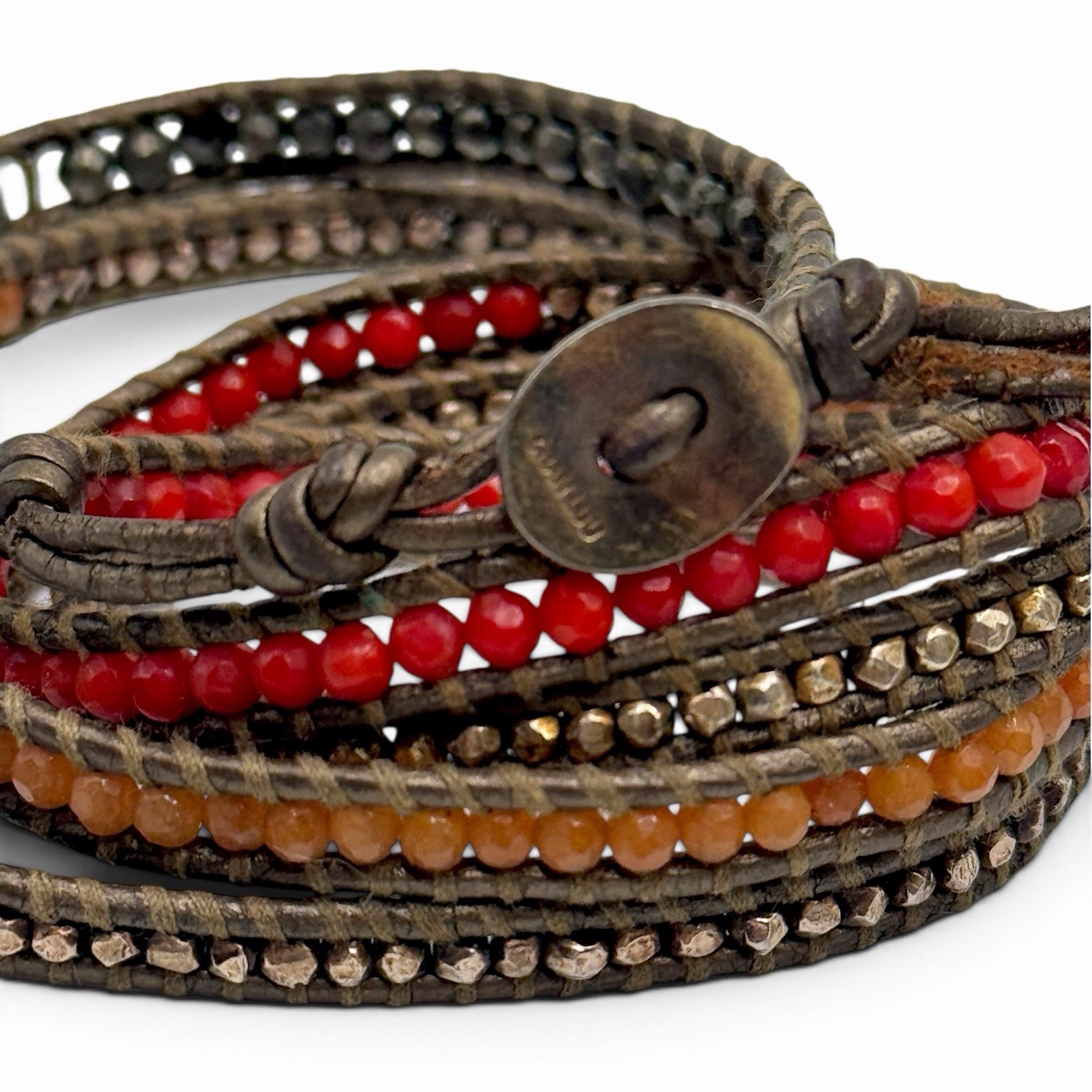 Chan Luu Red Coral Bronze Crystal Multi Wrap Leather Bracelet Adjustable