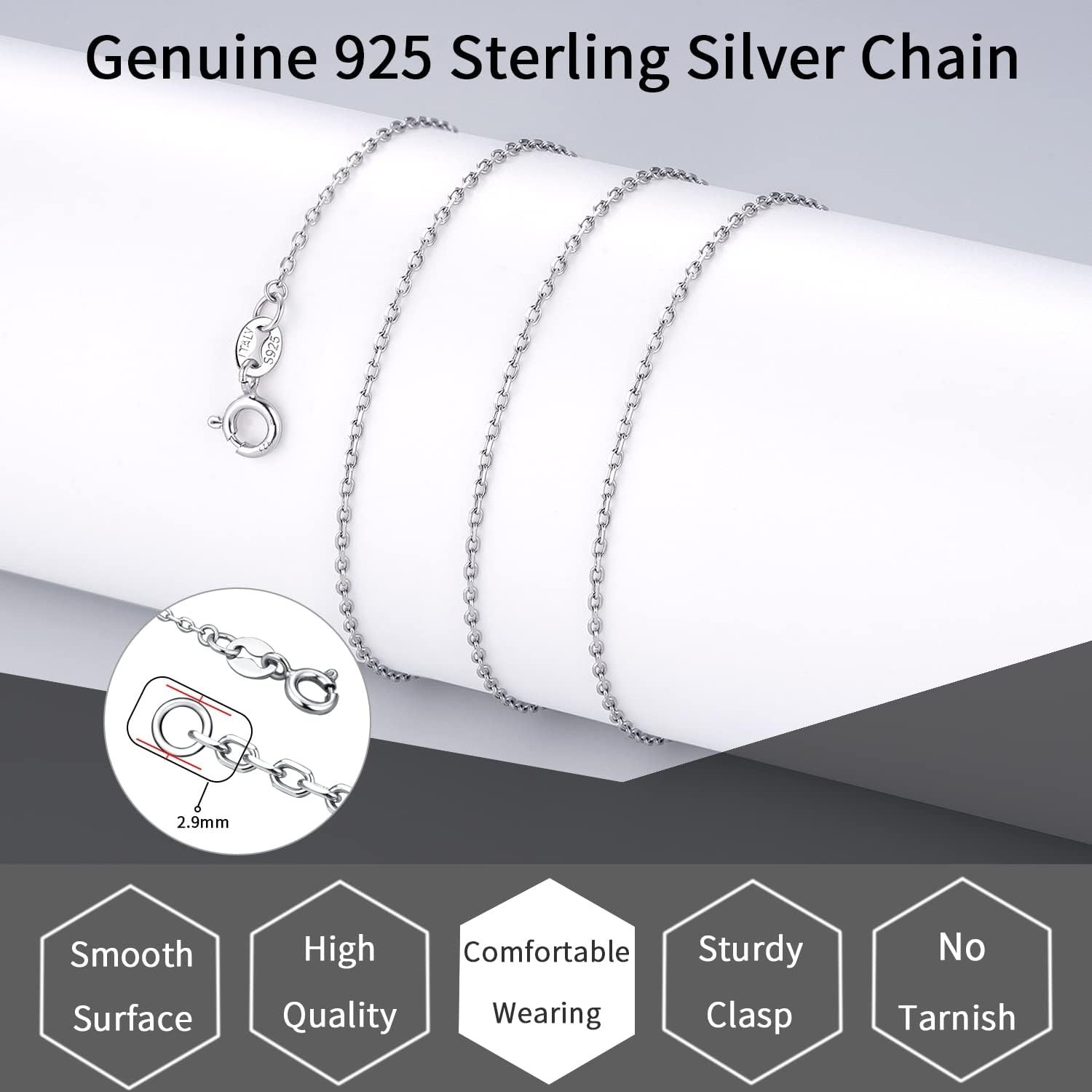 Fashionable 925 Silver Chain Necklace, 1.1mm Lightweight & Durable, 14-24 Inch