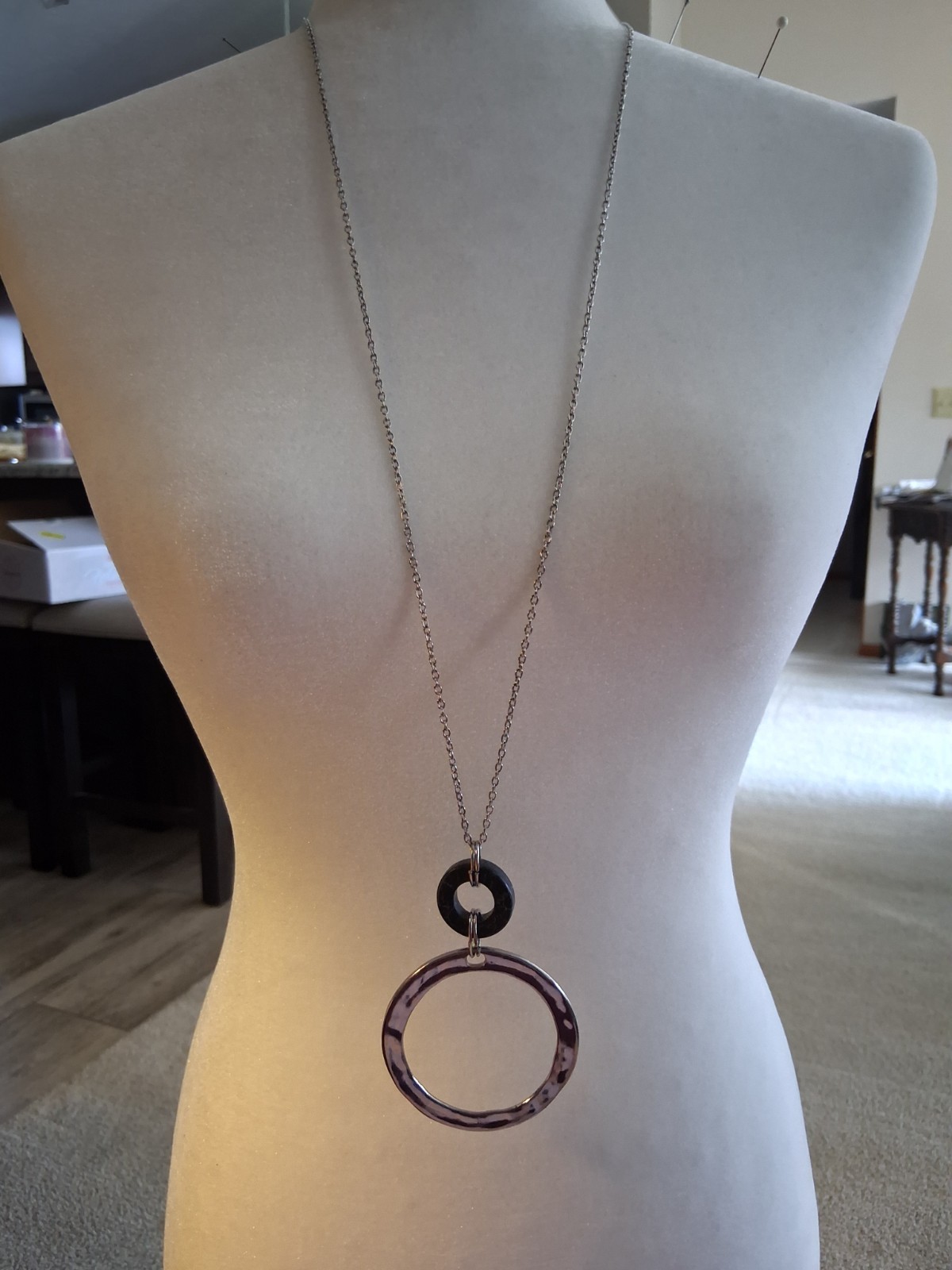 Paparazzi Long Necklace with A Black and Silver Pendant and Earrings