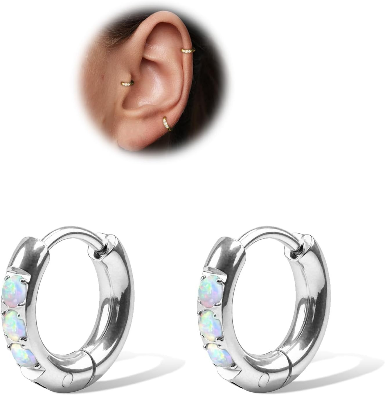 1Pair 316L Surgical Steel Opal Small Hoop Earrings for Women Hypoallergenic Medi
