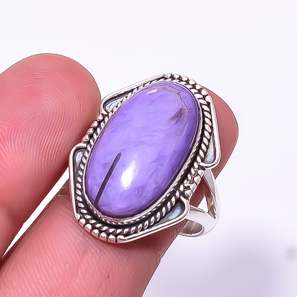 Purple Charoite Oxidised 925 Sterling Silver Handmade Ring S.9 R, Christmas Gift