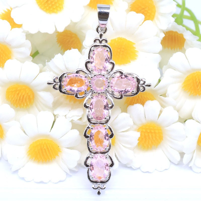 Buy 3 Get 1 Free 62x33mm Long Cross Pink Kunzite Women Dating Silver Pendant