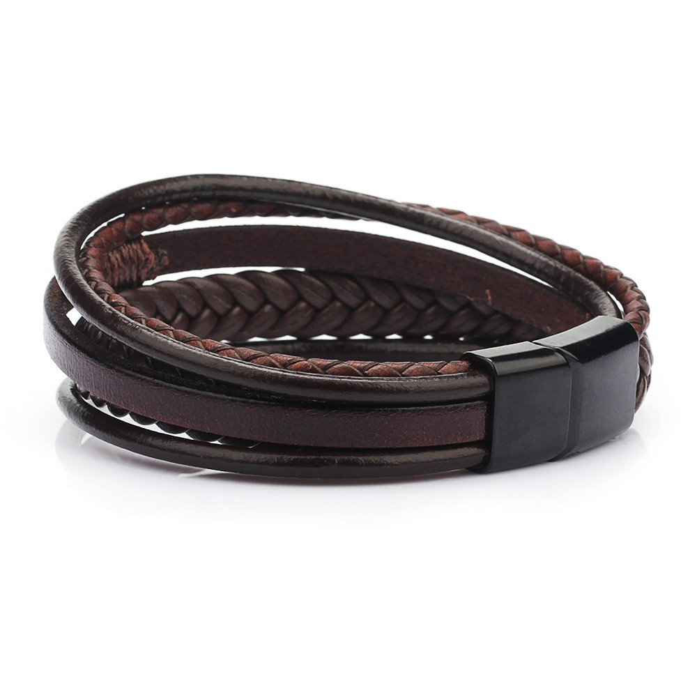 2pcs Trendy Leather Bracelets For Men Stainless Steel Bracelet 21CM Multilayer