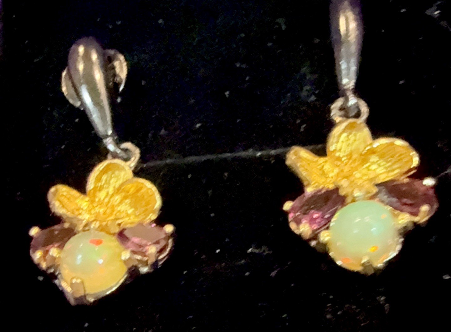 Pierced 925 Sterling silver Earrings Round Opal & Amethyst Accents Prong Set