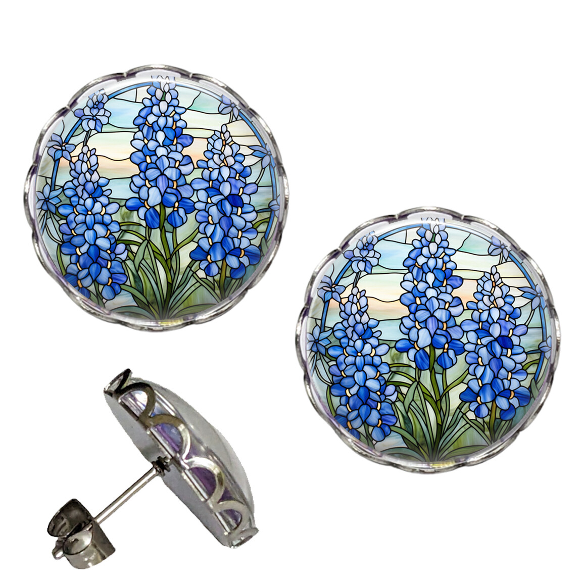 Texas State Flower Bluebonnet Earrings NO TARNISHING Scalloped Studs Waterproof