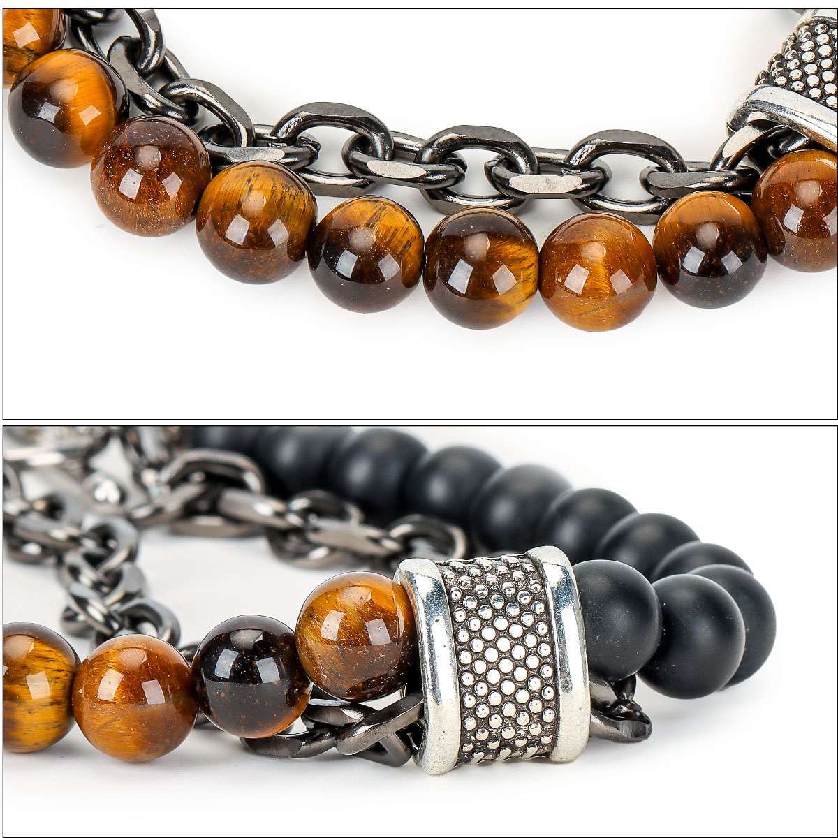 Stainless Steel Bracelets Natural Map Stone Men’s Women Beaded Tiger Eye Jewelry