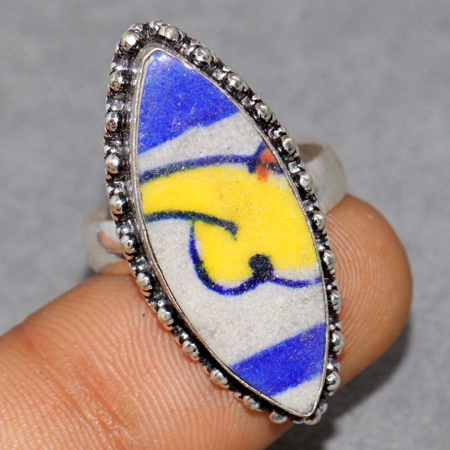 925 Silver Plated Marquise Blue Pottery Ring US 9.5 Artisan Handmade Jewelry GW