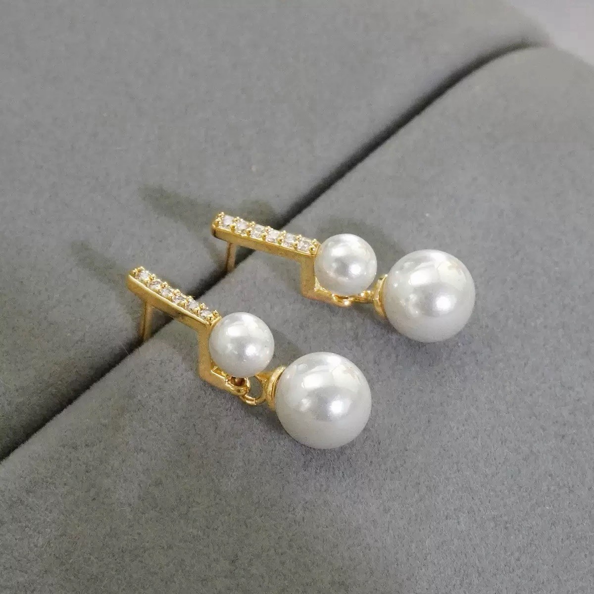 18K Gold Plated Double Pearl Drop Stud Earrings Dainty CZ Bar Pearl Earrings B23