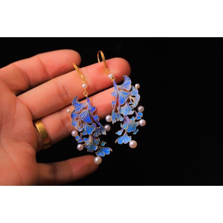 Ginkgo Leaf Earrings Filigree Cloisonné Pearl Inlay Chinese Style Jewelry Women
