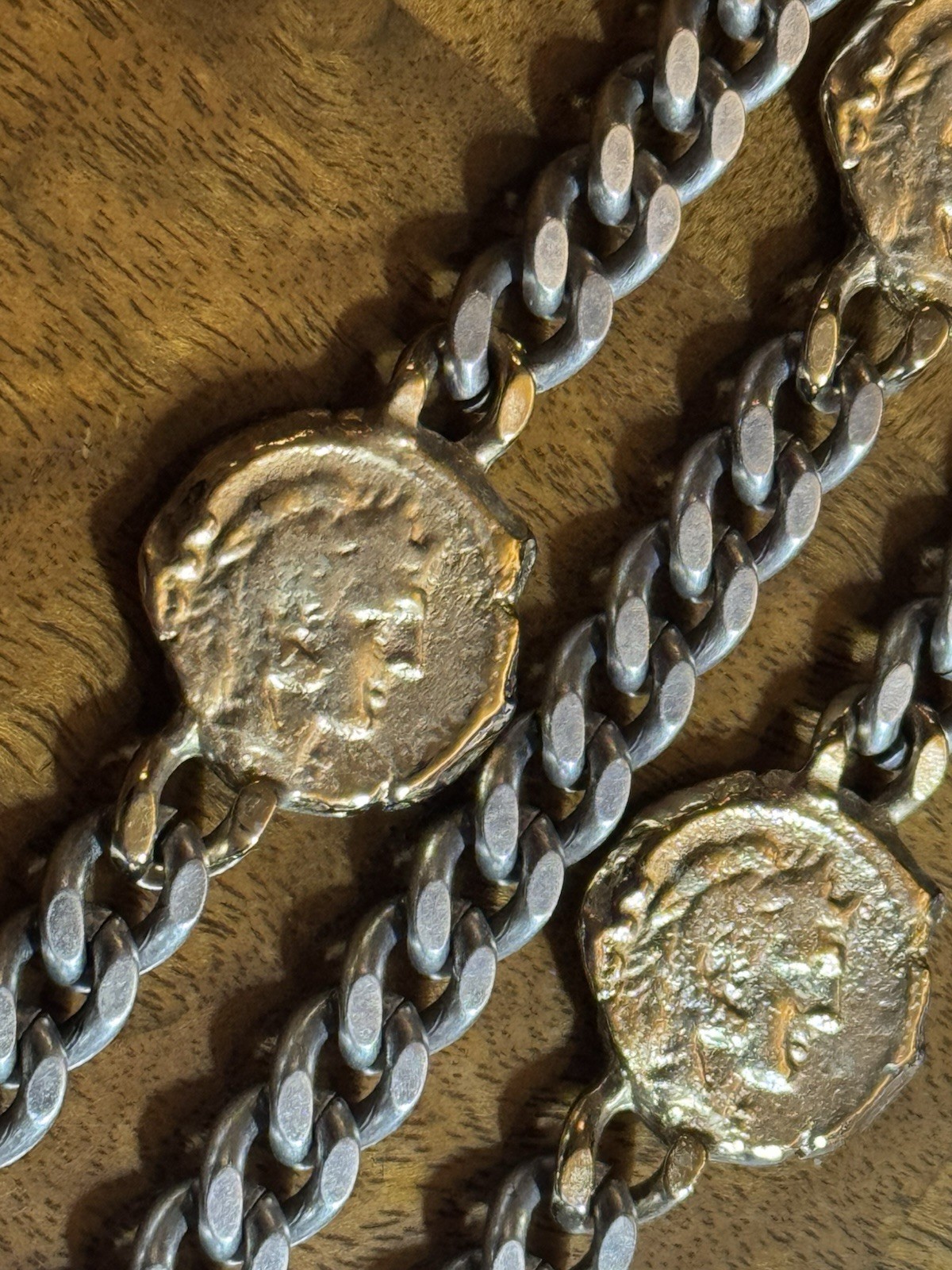 Tat2 Designs 3-Strand Heavy Curb Chain Bracelet with Roman Style Coins