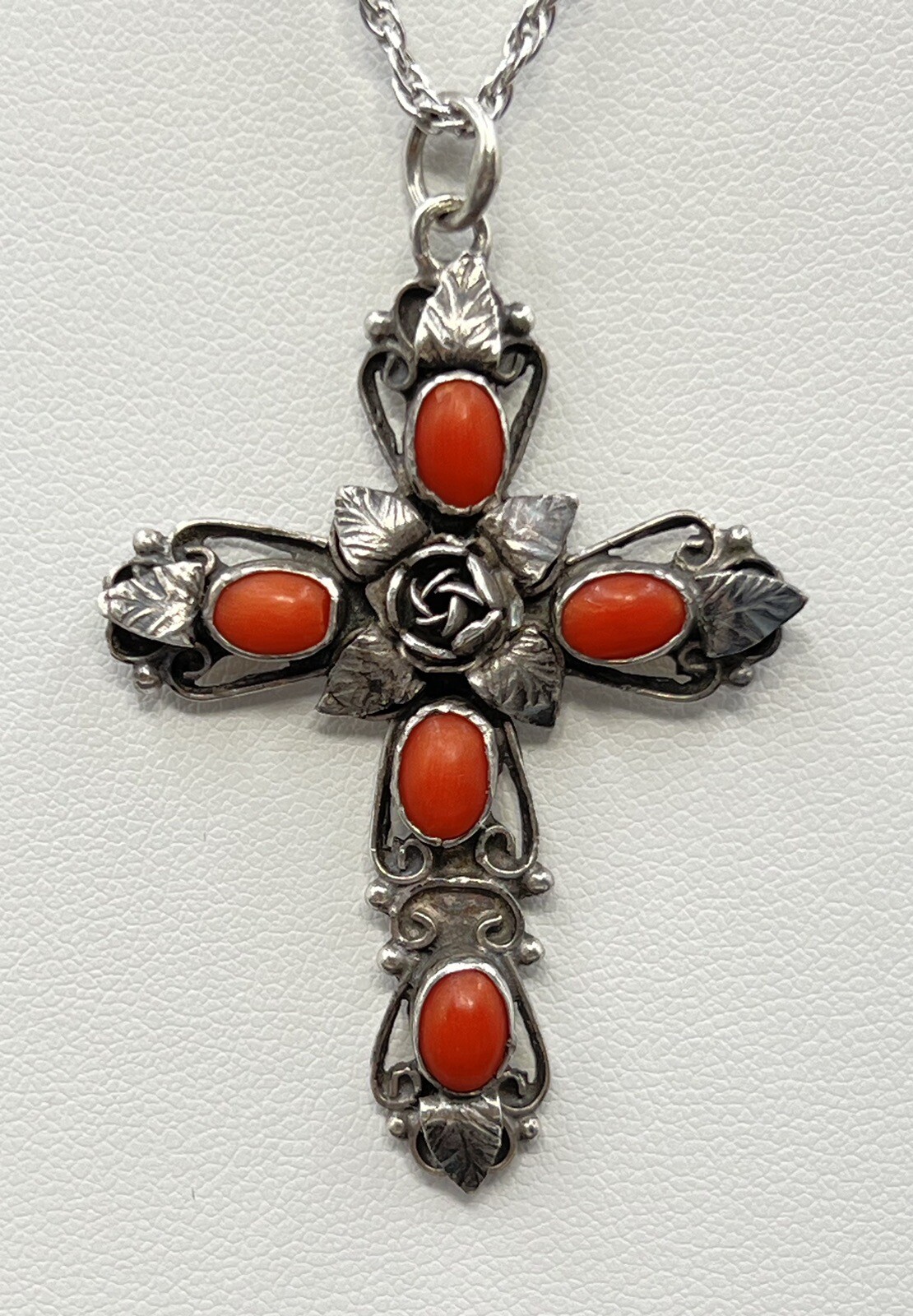 Antique Signed 800-84F Silver Coral Crucifix Cross Necklace 18” 9.8 grams