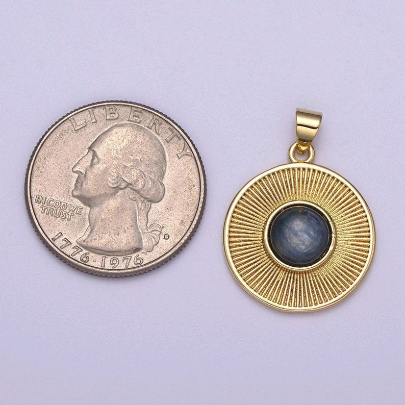 Dainty Blue Tiger Eye Sunburst Charm, Round Coin Geometric Stone Pendant for DIY