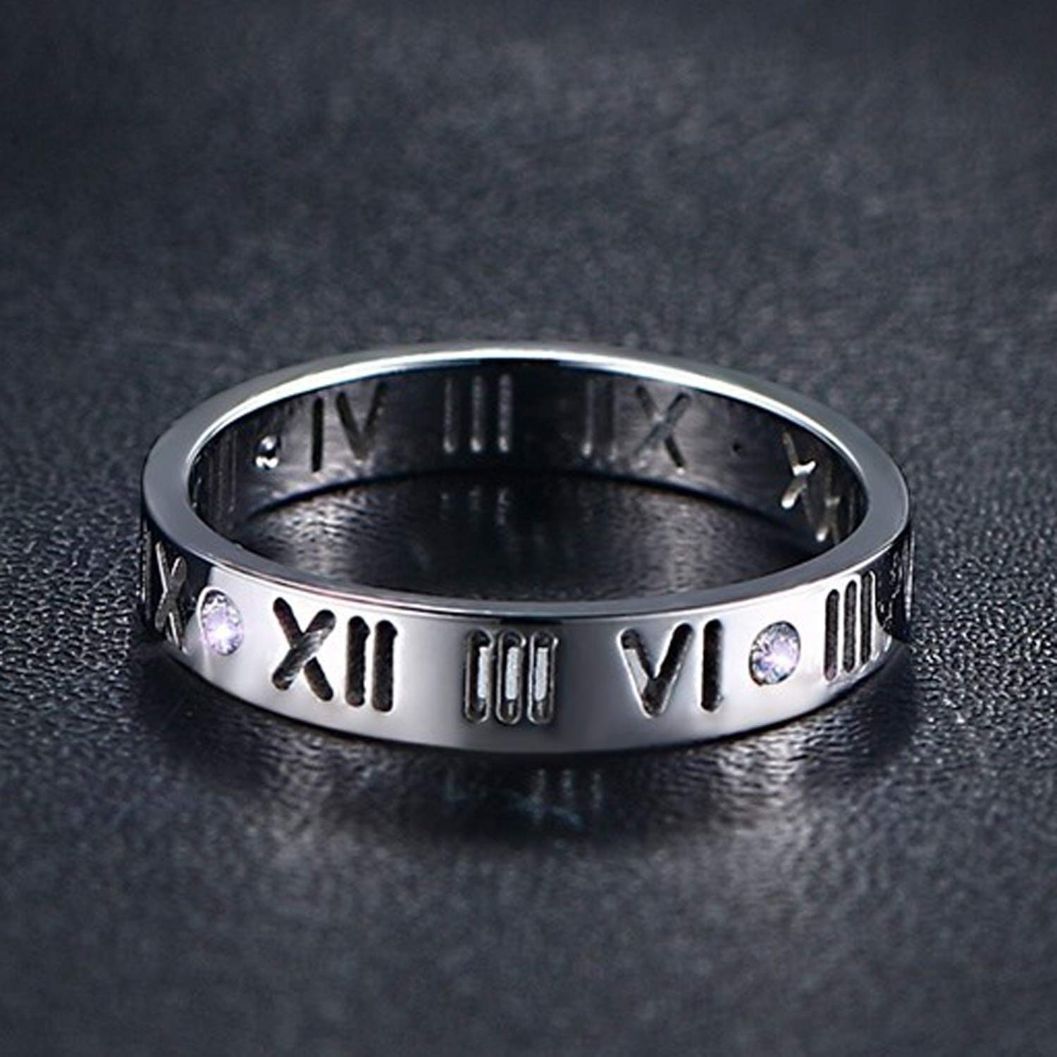 Openwork Roman Numerals Ring for Women Men of Stainless Steel & CZ Setting Si…