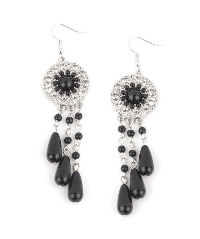 Paparazzi Silver Tone Black Beaded Teardrop Dangle/Drop Hook Earrings