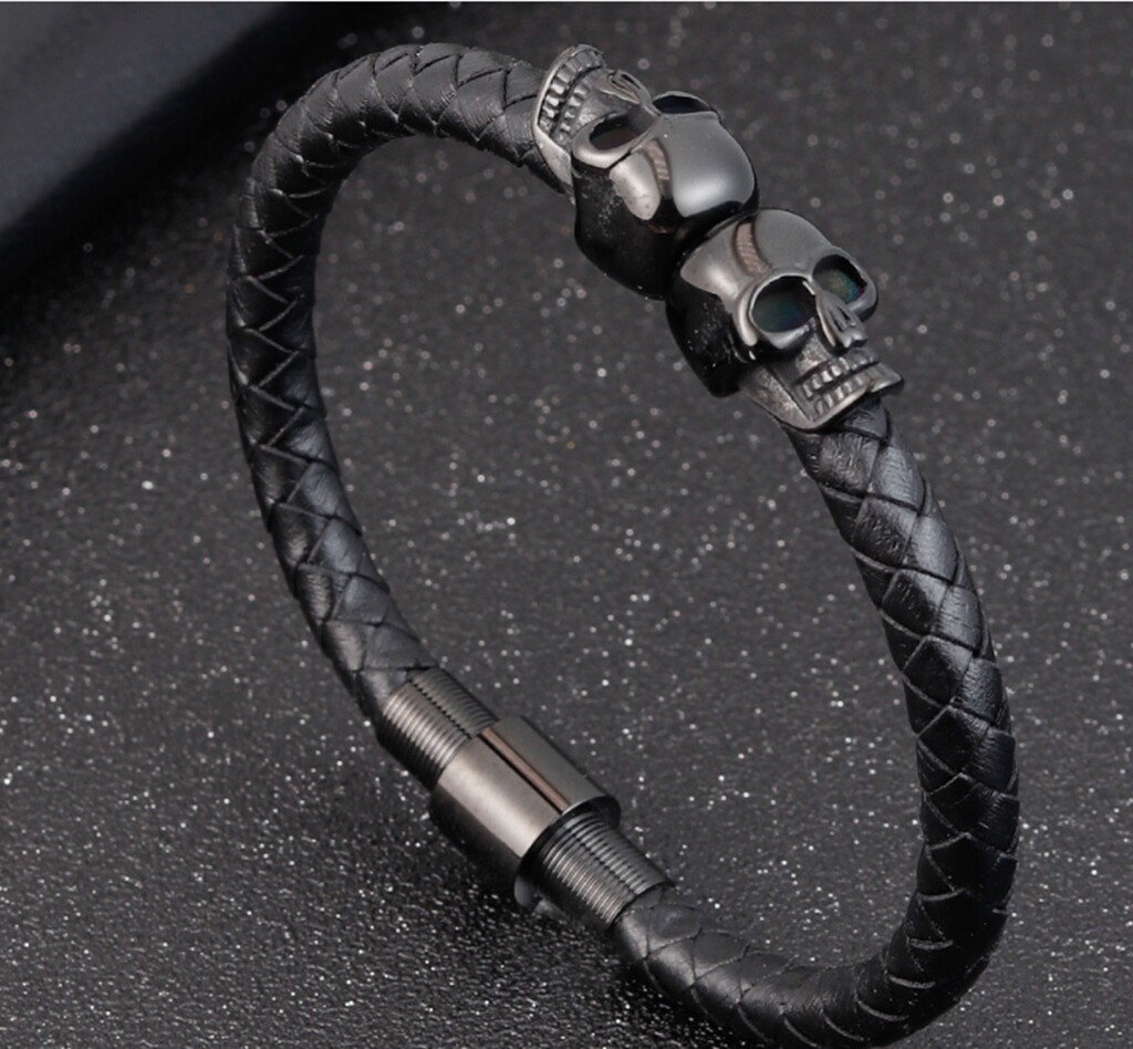 Men / Women Black Skull Head Black Braided Leather Magnetic Bracelet/Bangle 7-9″