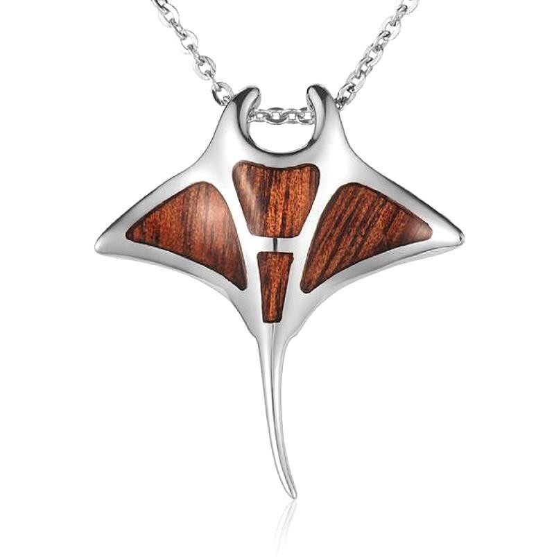 45MM XL HVY RHODIUM 925 SILVER GENUINE KOA WOOD HAWAIIAN MANTA RAY SLIDE PENDANT
