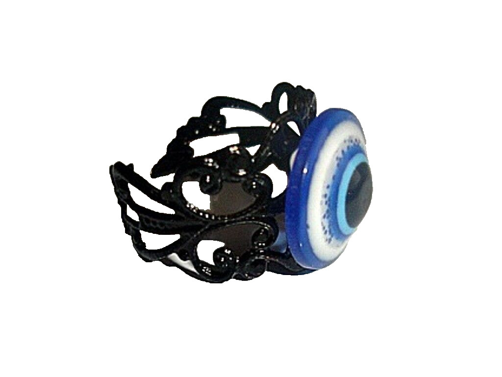 Greek Evil Eye Hamsa on Black Adjustable Filigree Ring