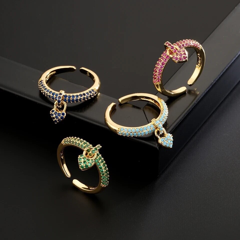 ZARD Dangling Heart Cham Open Ring with 14 K Gold Plating and Turquoise Accent