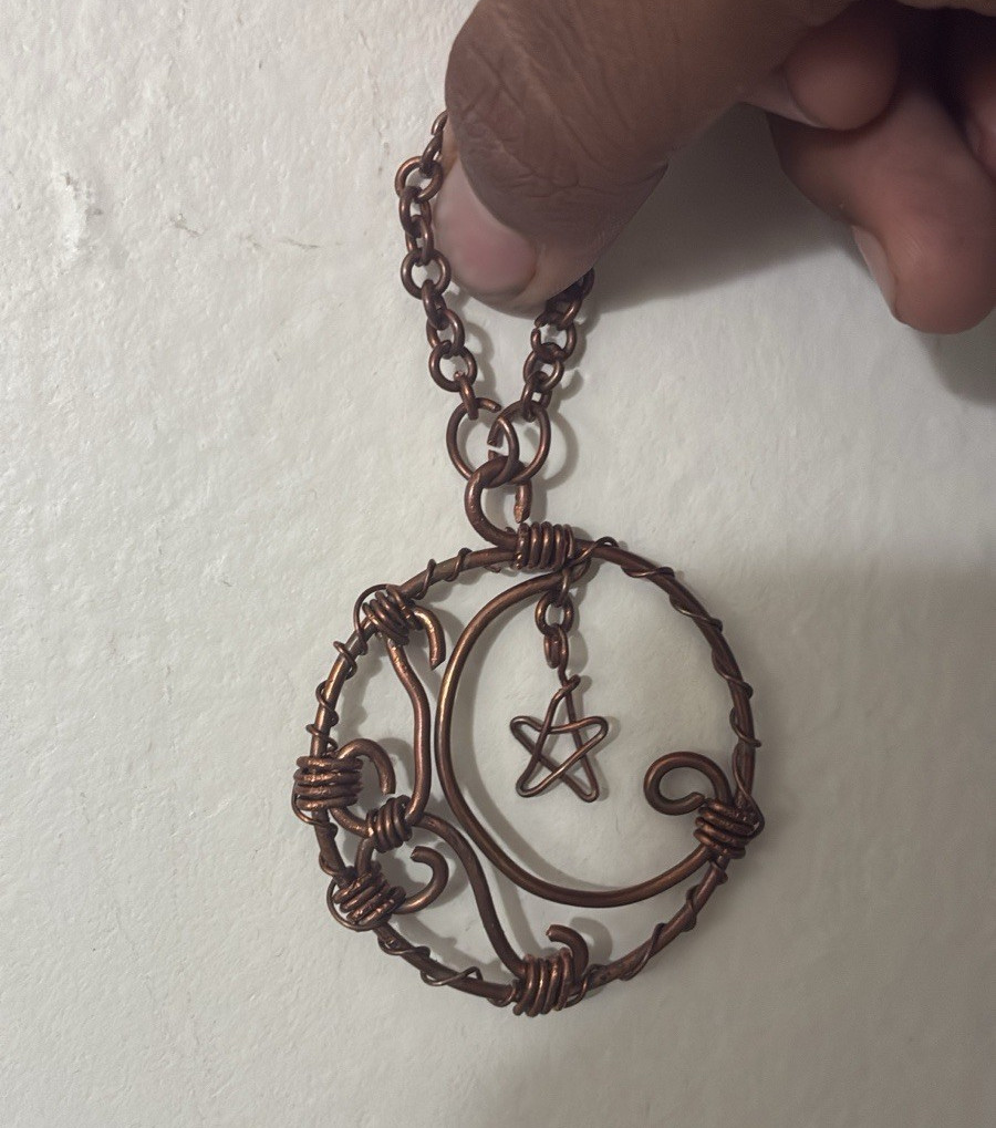 Handcrafted Copper Wire Wrapped Round Star Charm Pendant Link Chain Necklace