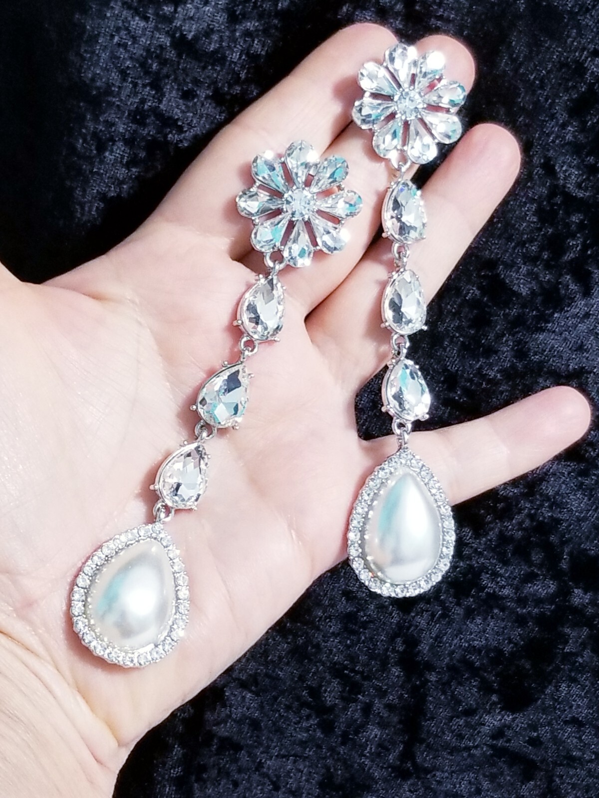 Created Pearl Dangle Chandelier Earrings 4.7 inch Clear Rhinestone Pageant Prom