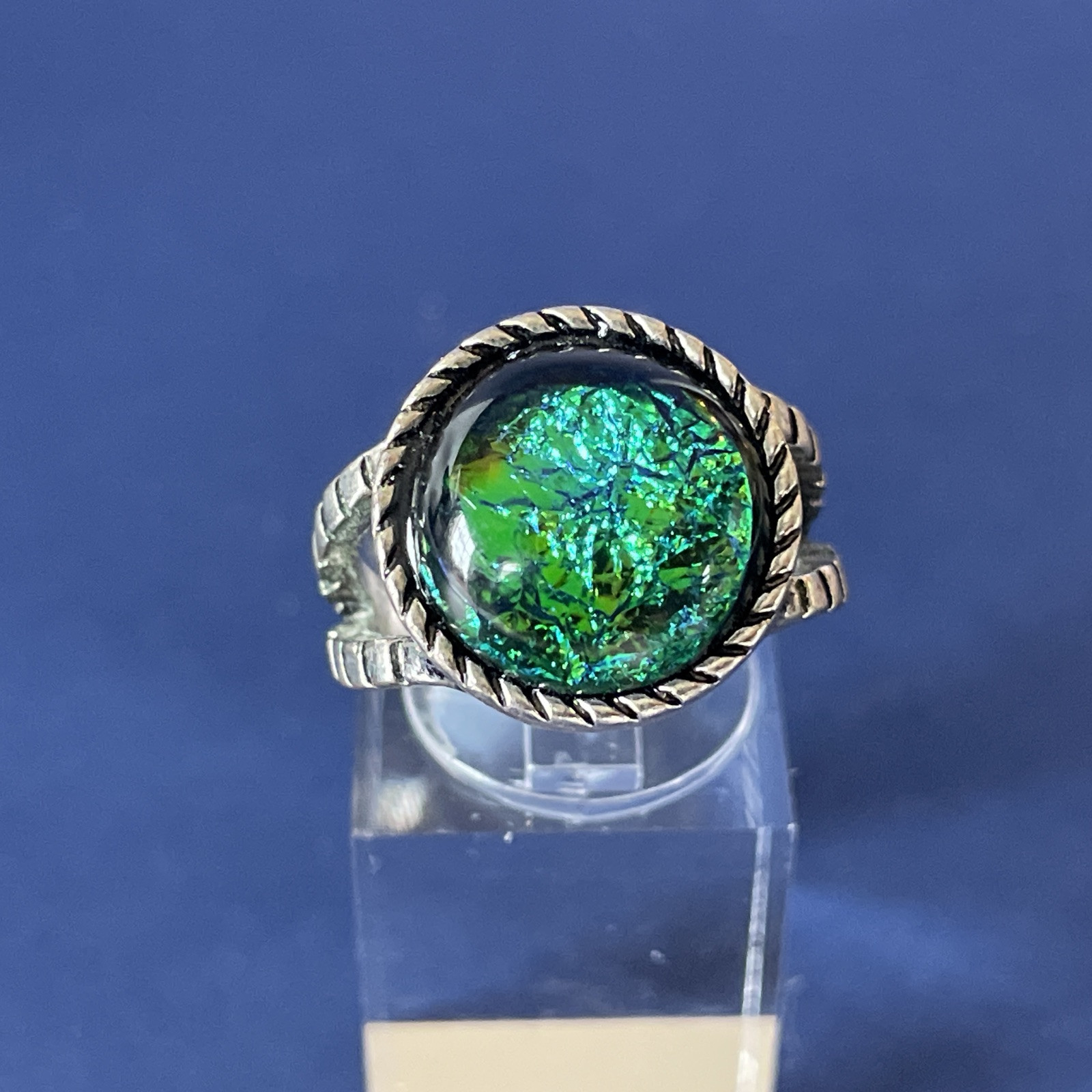 Green & Blue Dichroic Glass Silver Tone Ring – Size 6.75