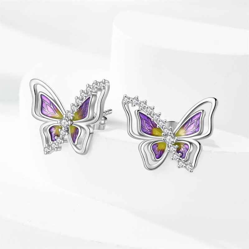 PANDACH 925 Sterling Silver Tiny Butterfly Studs with Pave Accent Women Earrings